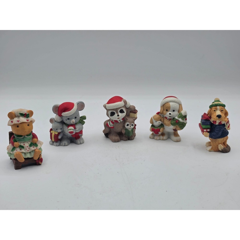 Vintage Homco Christmas Animal Figurines Set 5180 Mouse Raccoon Dog 5pc Lot